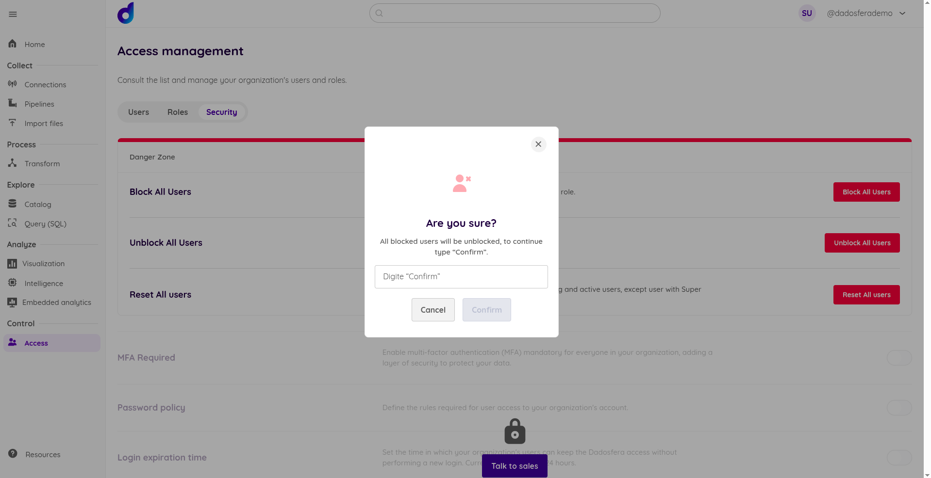 Figure 3: Confirmation screen for Danger Zone actions