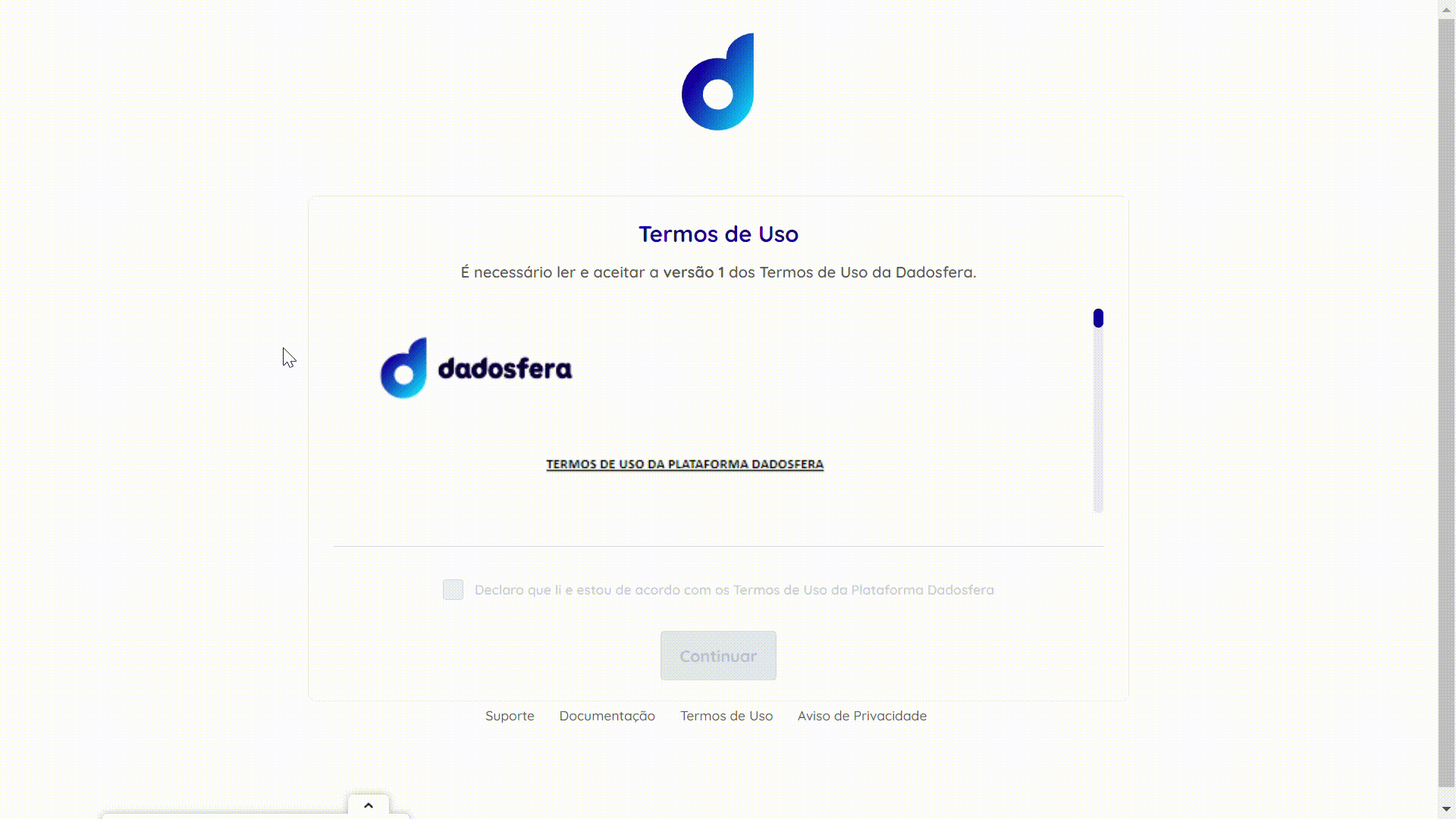 How to declare reading and acceptance of the Terms of Use of Dadosfera