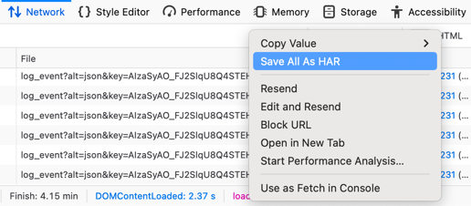 Save all as HAR in Firefox