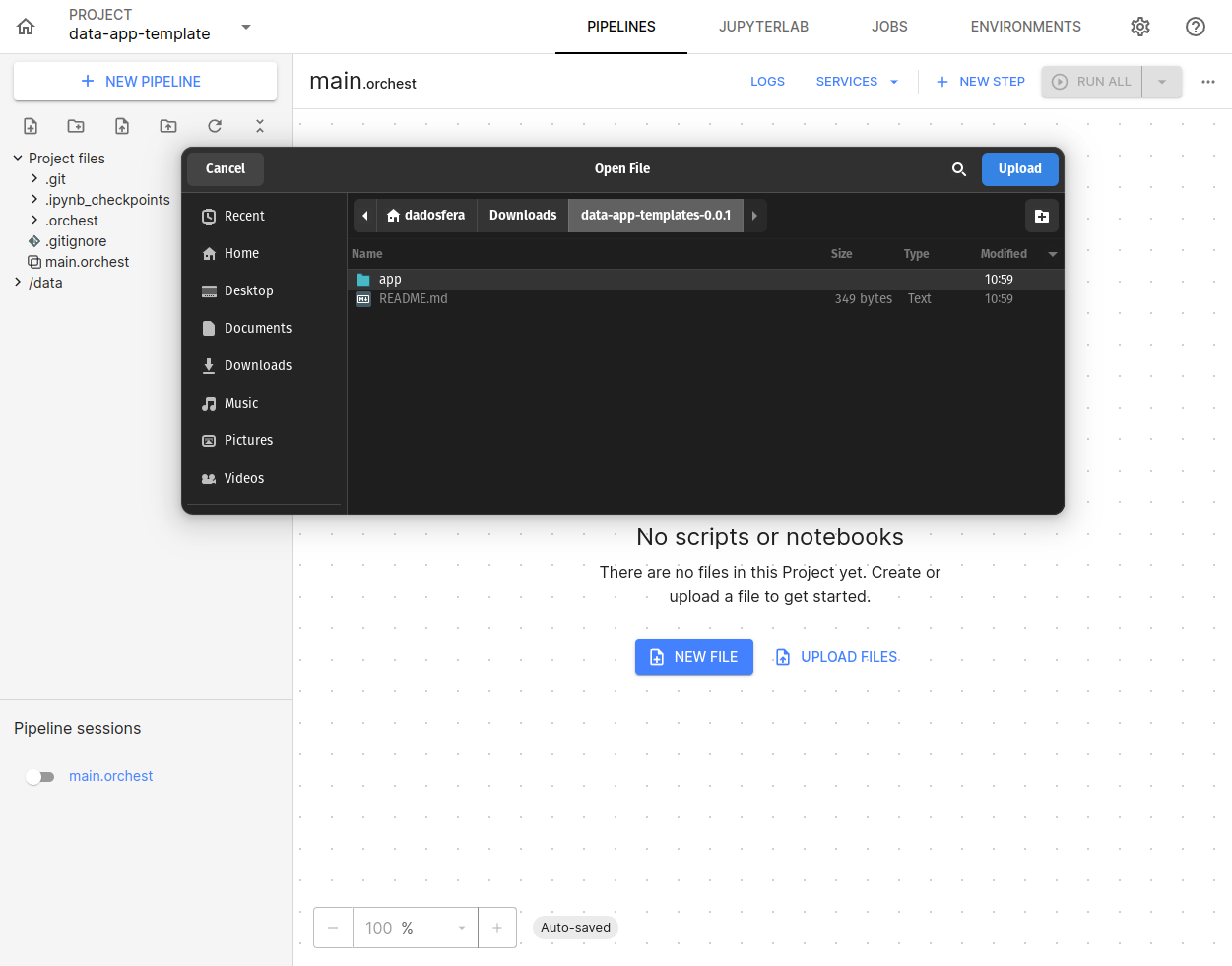 Selecting the folder to upload