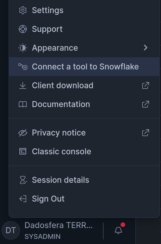 Connect a tool to Snowflake option