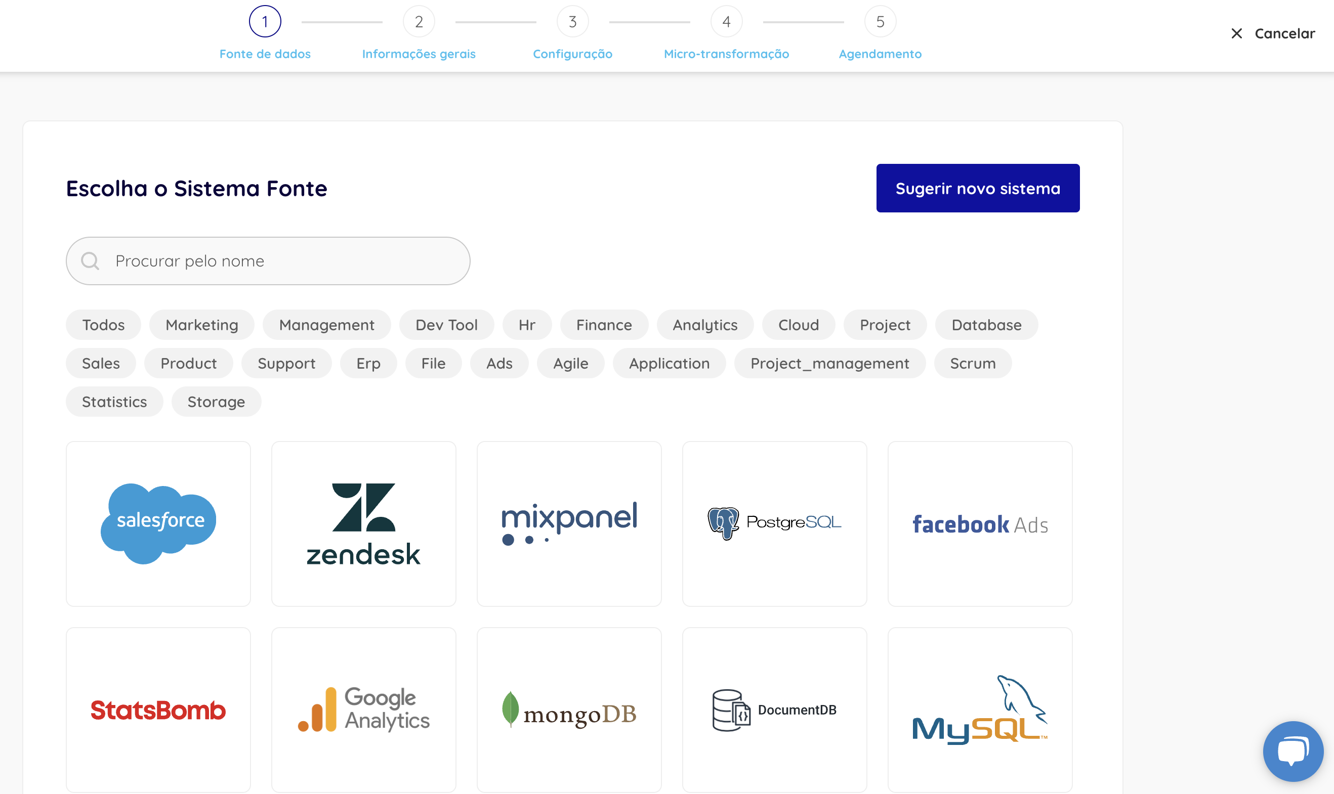 Tela de conectores disponíveis na Dadosfera