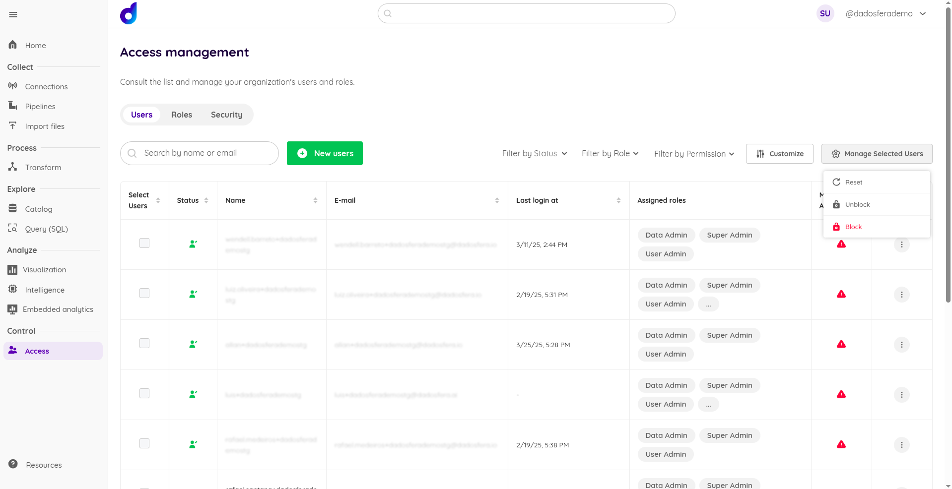 Figure 6: Options menu for managing selected users