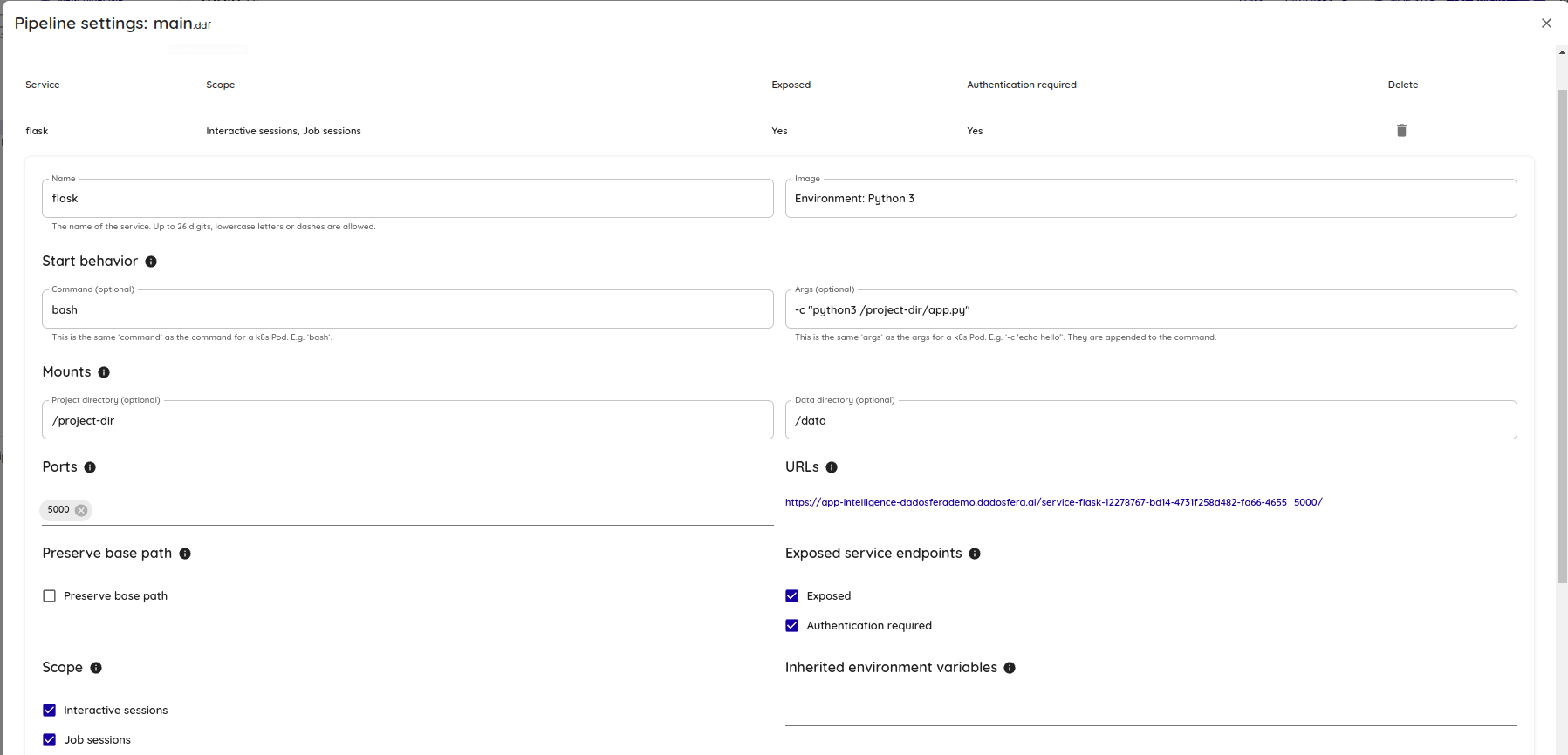 Custom Flask Data App service configuration
