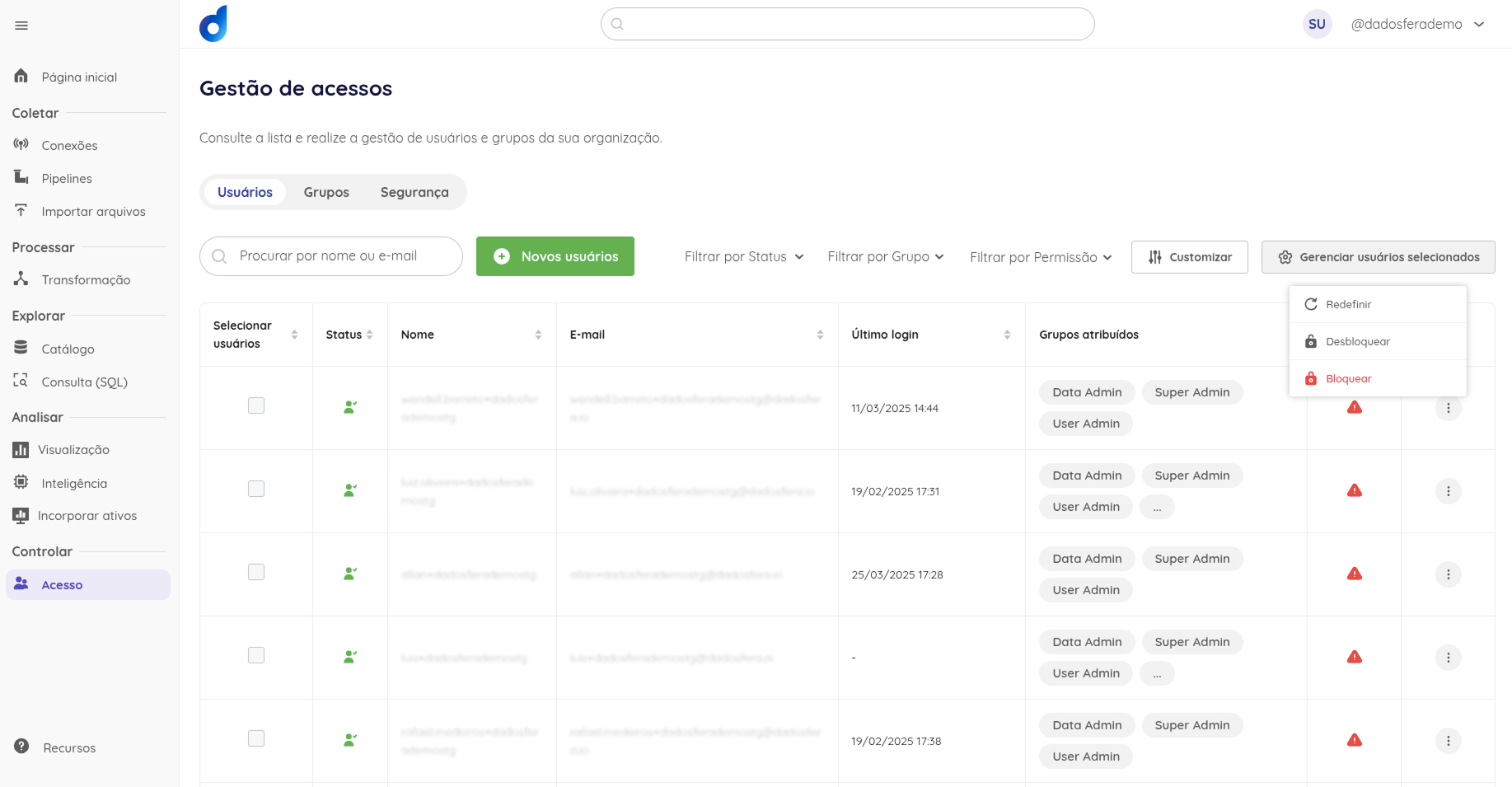 Menu de Gerenciamento de Usuários Selecionados